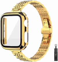 CSJCUBIC Thin Women Band Compatible with Apple Watch 38mm 40mm 41mmm 42mm 44mm 45mm with Face Cover, Stainless Steel for Metal iwatch Band Series 9 8 7 6 5 4 3 2 1 SE. (44mm, Gold) thumbnail 1