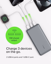 Belkin Portable Charger, USB C Power Bank 20000 mAh w/ 2 USB-A Ports, 15W w/A to C Cable - iPhone 17, Air, Pro, Pro Max, AirPods, Samsung Galaxy S25, iPad, Nintendo Switch 2, Google Pixel 10 - Gray thumbnail 5