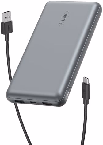 Belkin Portable Charger, USB C Power Bank 20000 mAh w/ 2 USB-A Ports, 15W w/A to C Cable - iPhone 17, Air, Pro, Pro Max, AirPods, Samsung Galaxy S25, iPad, Nintendo Switch 2, Google Pixel 10 - Gray