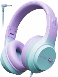 Kids Headphones, 74/85/94dB Volume Limiter, Foldable Wired Over Ear Headphones for Travel, 3.5mm Jack, Toddler Headphones for School, Chromebook, iPad, Tablet, Purple Green thumbnail 1