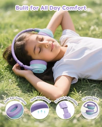 Kids Headphones, 74/85/94dB Volume Limiter, Foldable Wired Over Ear Headphones for Travel, 3.5mm Jack, Toddler Headphones for School, Chromebook, iPad, Tablet, Purple Green thumbnail 3