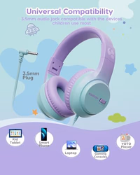 Kids Headphones, 74/85/94dB Volume Limiter, Foldable Wired Over Ear Headphones for Travel, 3.5mm Jack, Toddler Headphones for School, Chromebook, iPad, Tablet, Purple Green thumbnail 4