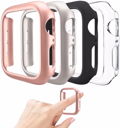 Mugust 4 Pack Compatible for Apple Watch Case 41mm [NO Screen Protector] Series 8 Series 7, Hard PC Bumper Case Protective Cover Frame Compatible for iWatch 41mm, Black/Rose Gold/Starlight/Clear