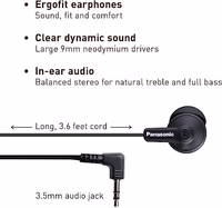 Panasonic ErgoFit Wired Earbuds, 3.5mm Jack In-Ear Headphones with Dynamic Crystal-Clear Sound and Soft Ergonomic Custom-Fit Earpieces (S/M/L), for Phones and Laptops - RP-HJE120-KA (Matte Black) thumbnail 2
