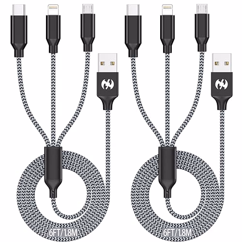 Multi Charging Cable 6ft 2Pack 3 in 1 Charger Cord, Multiple Rapid Nylon Braided Cable USB Charging Cable Multi Phone Charger Cord with Type C Micro Lightning USB Connectors for Cell Phones