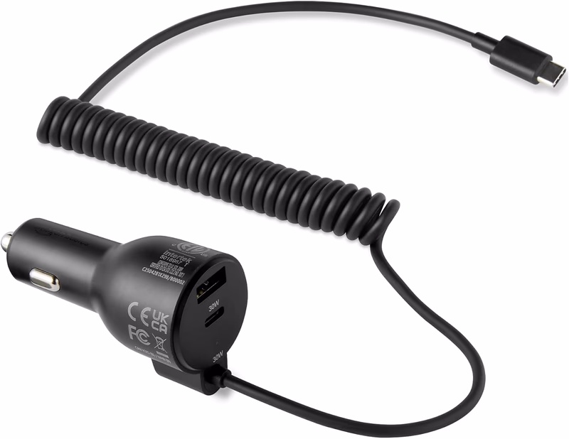 Amazon Basics Fast-Charging Car Charger, 1 USBC+1 USB-A +1 Built-in Coiled Cable USB-C, 60w, Black