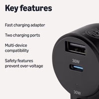 Amazon Basics Fast-Charging Car Charger, 1 USBC+1 USB-A +1 Built-in Coiled Cable USB-C, 60w, Black thumbnail 2