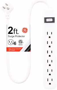 GE 6-Outlet Surge Protector, 2 Ft Extension Cord, Power Strip, 450 Joules, Twist-to-Close Safety Covers, UL Listed, White, 33656 thumbnail 1