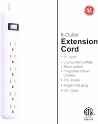 GE 6-Outlet Surge Protector, 2 Ft Extension Cord, Power Strip, 450 Joules, Twist-to-Close Safety Covers, UL Listed, White, 33656 thumbnail 3