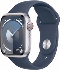 Apple Watch Series 9 [GPS, 41mm] Silver Aluminum Case with Storm Blue Sport Band, M/L (Amazon Renewed Premium) thumbnail 1