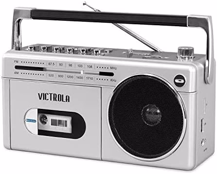 Victrola VBB-25-SLV Mini Bluetooth Boombox with Cassette Player, Recorder and Am/FM Radio, Silver