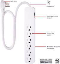 GE Pro 6-Outlet Surge Protector, 2 Ft Extension Cord, 620 Joules, Power Strip, Flat Plug, Integrated Circuit Breaker, Wall Mount, UL Listed, White, 40532 thumbnail 2