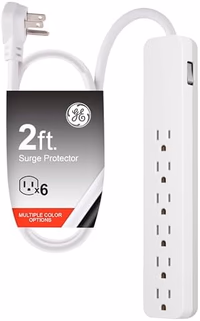 GE Pro 6-Outlet Surge Protector, 2 Ft Extension Cord, 620 Joules, Power Strip, Flat Plug, Integrated Circuit Breaker, Wall Mount, UL Listed, White, 40532 thumbnail 1