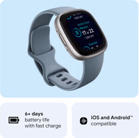 Fitbit Versa 4 Fitness Smartwatch with Daily Readiness, GPS, 24/7 Heart Rate, 40+ Exercise Modes, Sleep Tracking and more, Waterfall Blue/Platinum, One Size (S & L Bands Included) thumbnail 3