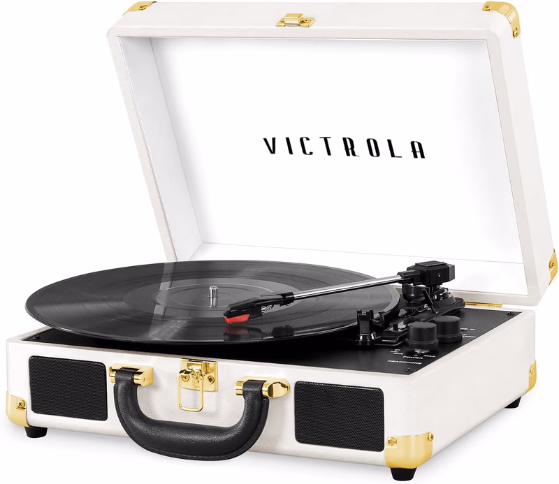 Victrola Journey Bluetooth Portable Suitcase Record Player – with Built-in Speakers, 3 Speed Vinyl Record Player, RCA Out, Headphone Jack (White)