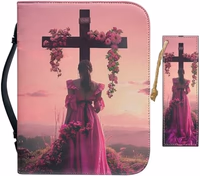 Large Bible Cover Case for Women Men Cross Floral Leather Bible Case with Bookmark Church Bag Book Carrying Case Pink thumbnail 1