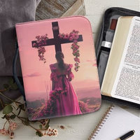 Large Bible Cover Case for Women Men Cross Floral Leather Bible Case with Bookmark Church Bag Book Carrying Case Pink thumbnail 2