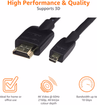 Amazon Basics Micro HDMI to HDMI Display Cable, 18Gbps High-Speed, 4K@60Hz, 2160p, 48-Bit Color, Ethernet Ready, 6 Foot, Black thumbnail 4
