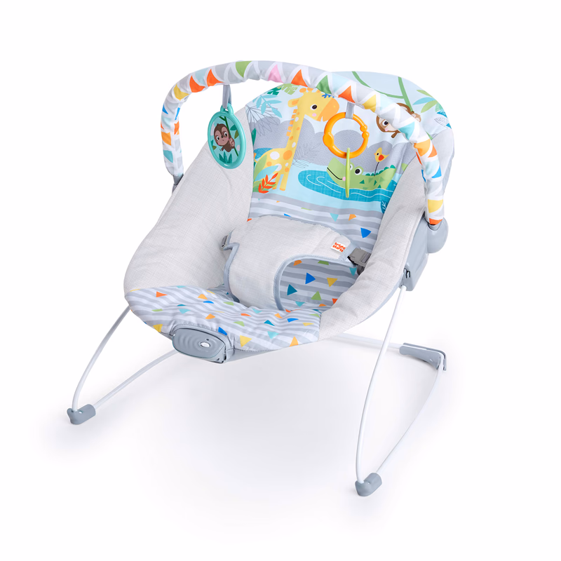 Bright Starts Baby Bouncer Soothing Vibrations Infant Seat - Removable -Toy Bar, Nonslip Feet, 0-6 Months Up to 20 lbs (Safari Fun)