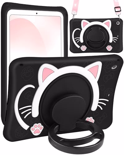 Wazzasoft for iPad 9th/8th/7th Generation Case 10.2 Inch Girls Cute Black Cat Cover Kawaii Girly Cartoon with Rotating Handle Stand & Strap Soft Silicone Funda for Apple iPad Cases 9th/8th/7th Gen