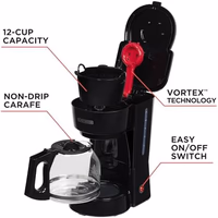 BLACK+DECKER 12-Cup Coffee Maker with Easy On/Off Switch, Easy Pour, Non-Drip Carafe with Removable Filter Basket, Vortex Technology, Black thumbnail 3
